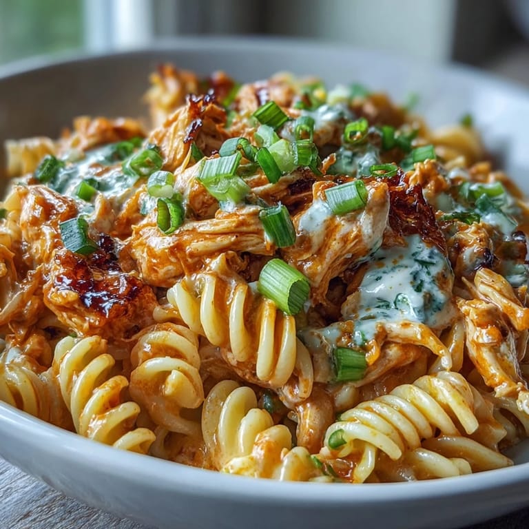 Savory buffalo chicken pasta, effortlessly prepared with melty cheese and a hint of heat.