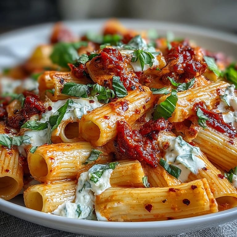 Vibrant Spicy Vodka Rigatoni, bubbling hot, coated in rich, velvety tomato cream sauce.
