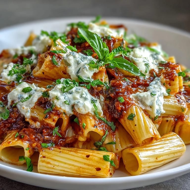 Close-up of Spicy Vodka Rigatoni perfectly tossed with Parmesan, ready for dinner.