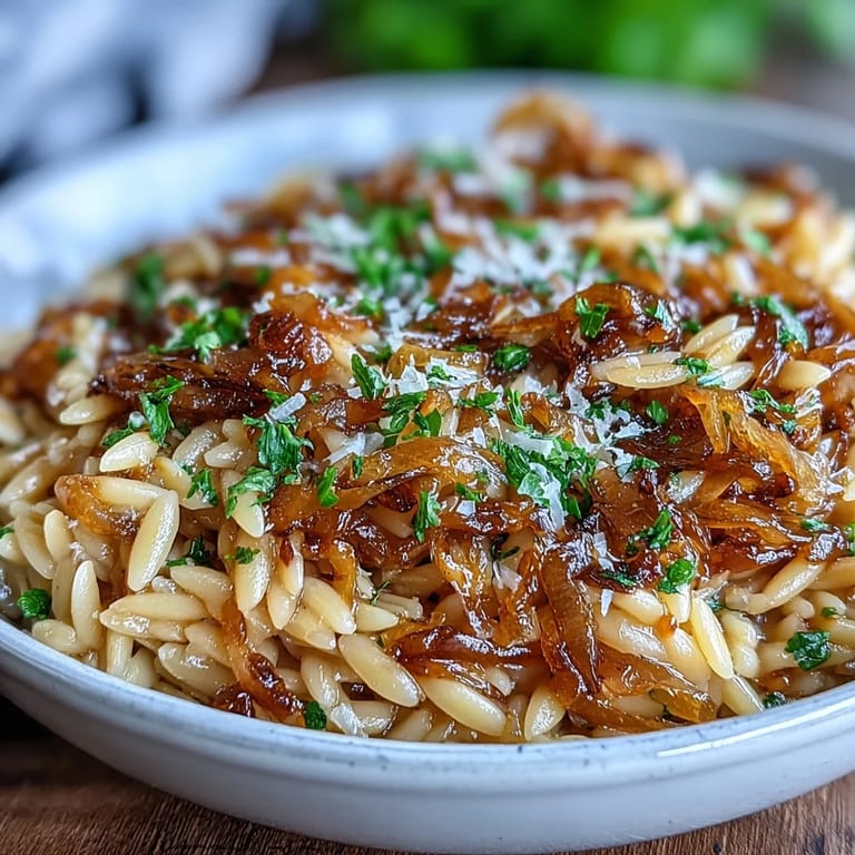 Savory orzo dish showcasing deeply browned onions and a hint of fresh herb.