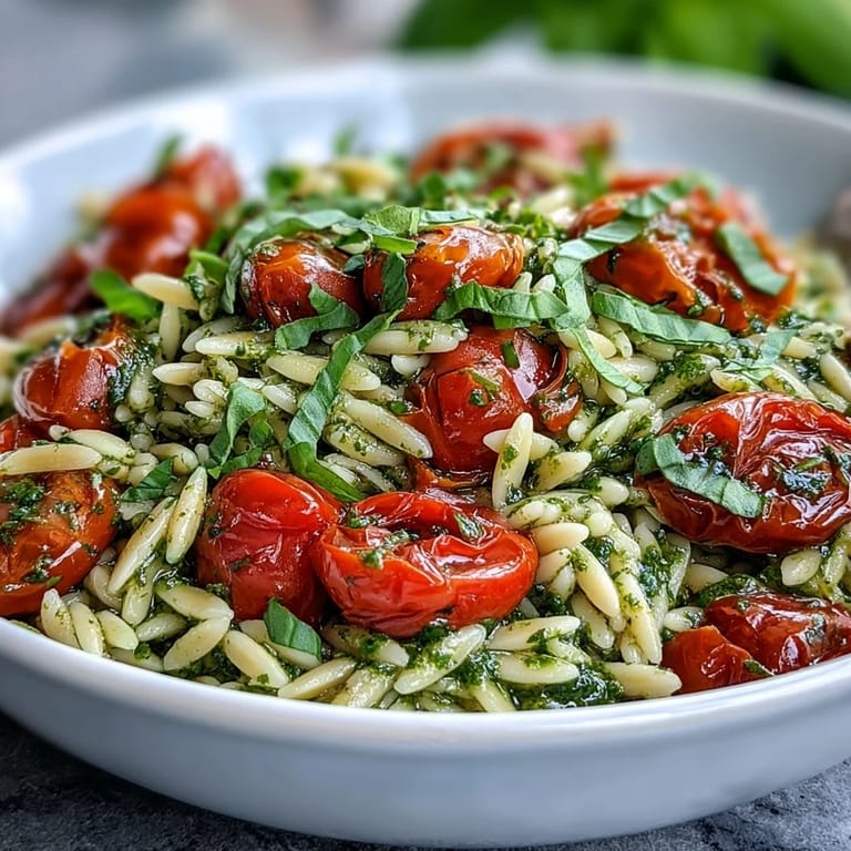 Tender orzo pasta coated in fresh basil pesto, topped with roasted cherry tomatoes.