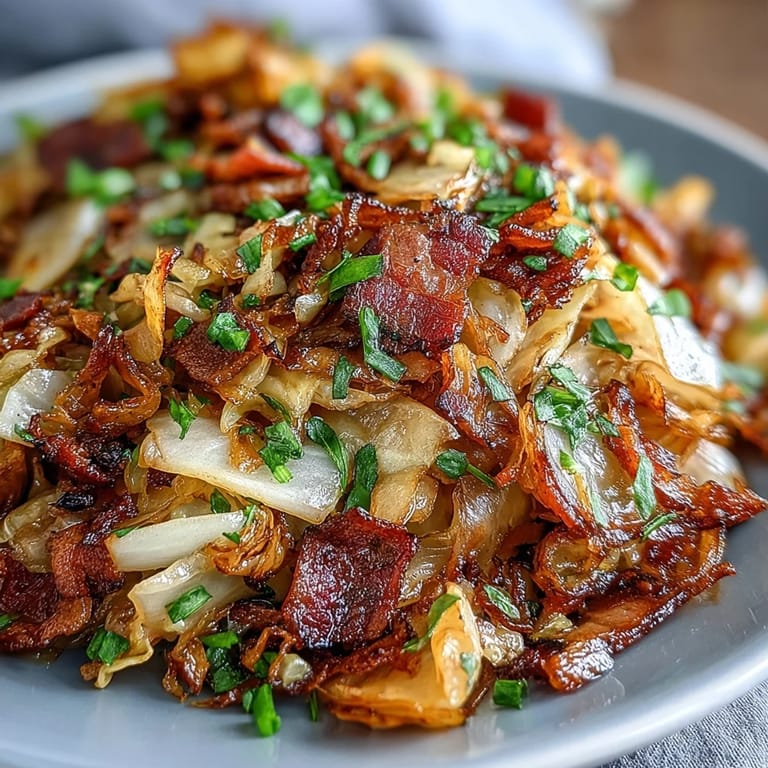 Golden sautéed cabbage, bacon, and onions glistening in a skillet.