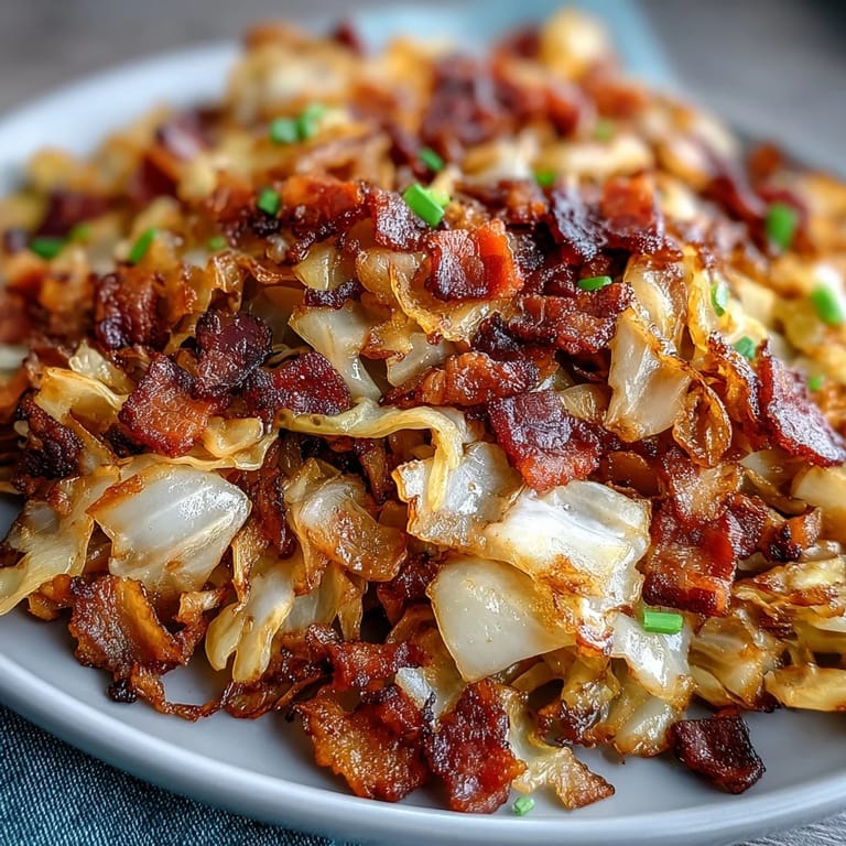 Hearty fried cabbage with crispy bacon and sweet caramelized onions.