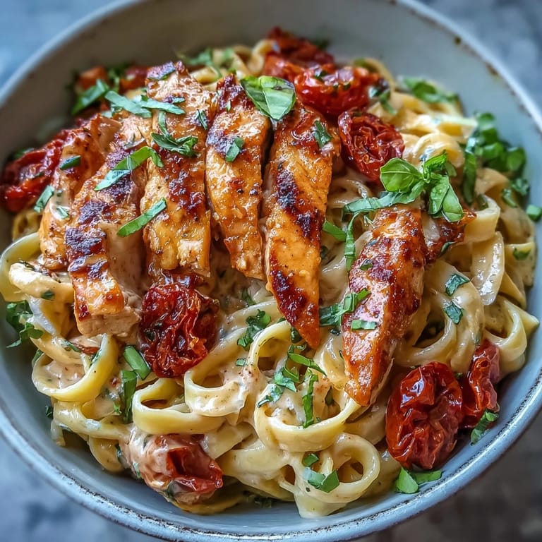 Tender chicken and pasta coated in vibrant basil cream sauce, a weeknight winner.