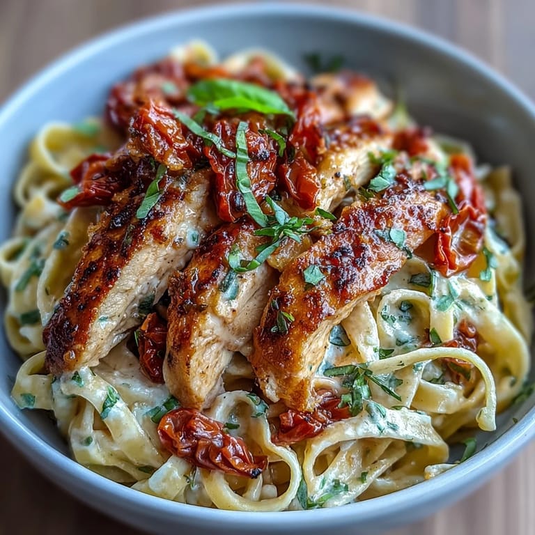 Dish of creamy tomato basil chicken pasta with fresh basil garnish, ready to serve.