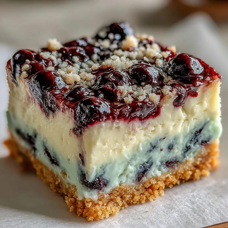 Vibrant no-bake lemon blueberry cheesecake bars, perfectly swirled and delicious.