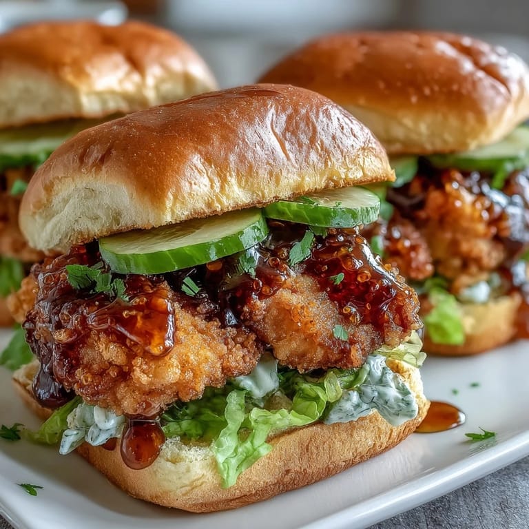 Golden-brown hot honey chicken sandwich stacked high on a toasted brioche bun.