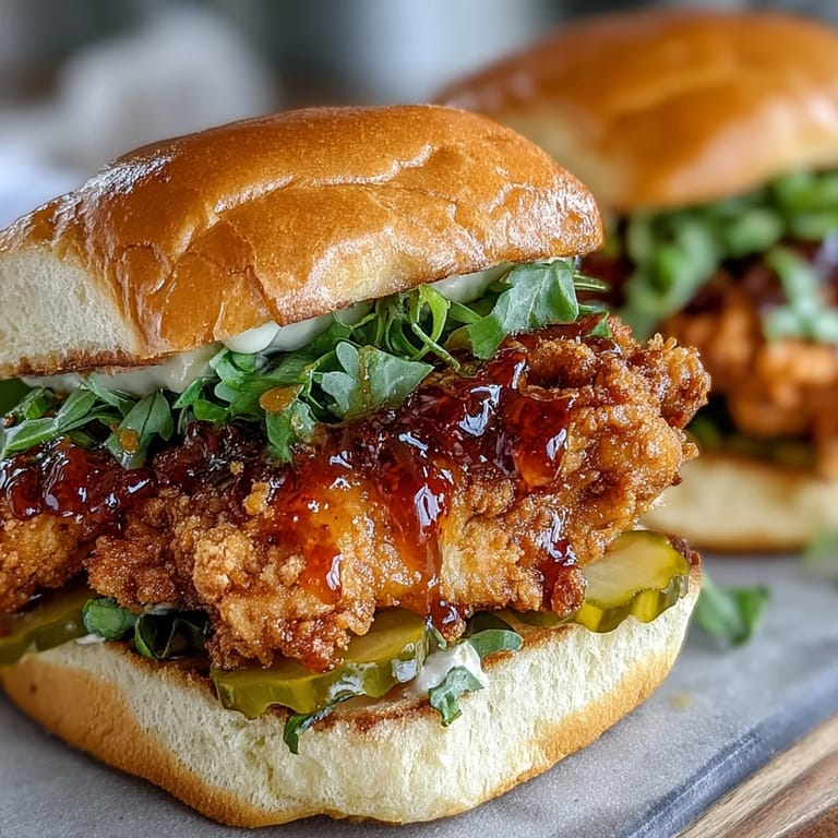 Juicy fried chicken sandwich, generously drizzled with spicy sweet hot honey.