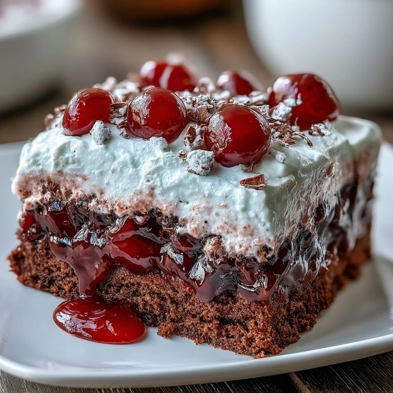 Retro Cherry Cola Jello Poke Cake ready to be sliced and served.