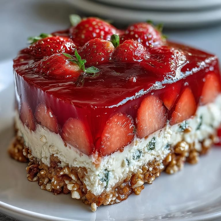 Closeup of the Pistachio Strawberry Pretzel Jello Salad, a perfect layered dessert.
