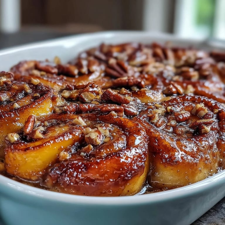 Fluffy Peach Cobbler Cinnamon Roll Casserole topped with melted icing and pecans.