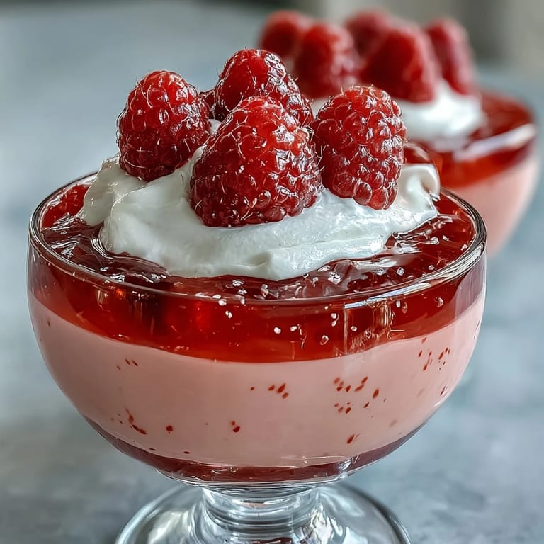 Elegant Raspberry Rose Jello Parfait dessert photographed with fresh berries and rose petals.