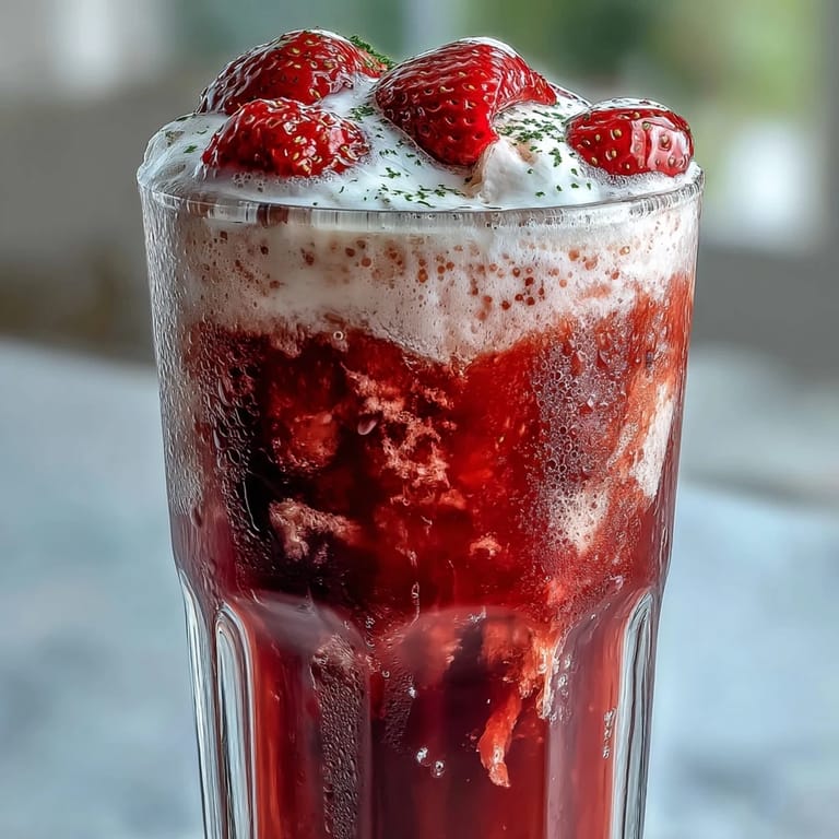 Deliciously layered strawberry matcha cold foam latte, crowned with fluffy foam.