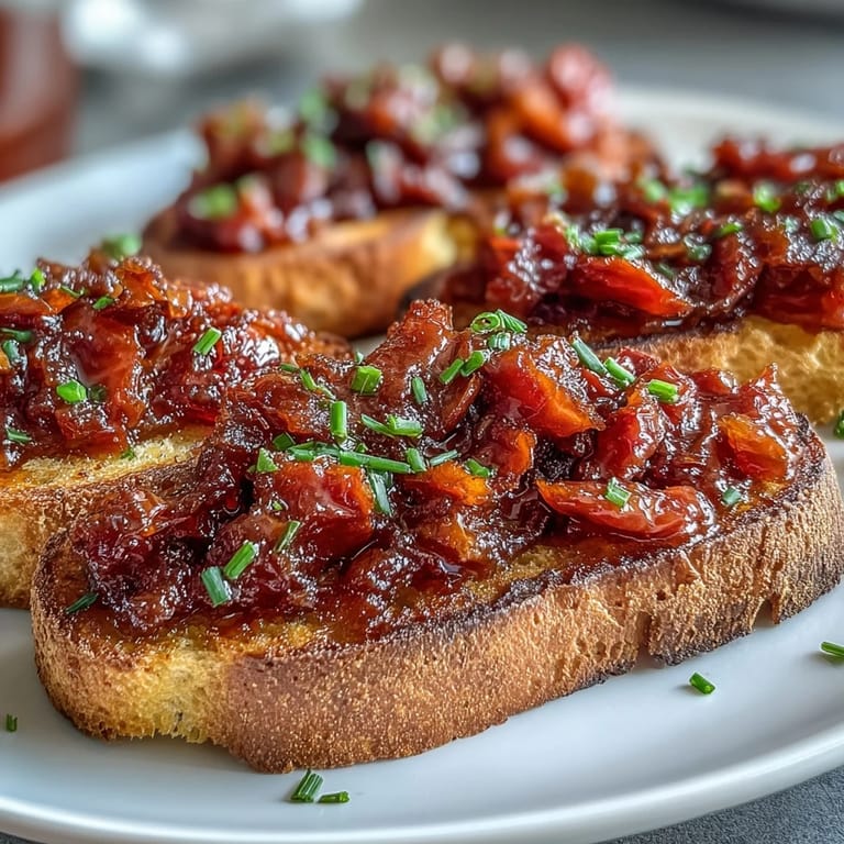 Golden brown toasts topped with rich, homemade Brown Sugar Tomato Bacon Jam spread.