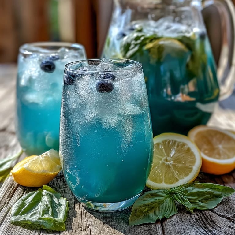 Close-up of homemade blueberry lemon basil lemonade, perfect pitcher drink for parties.