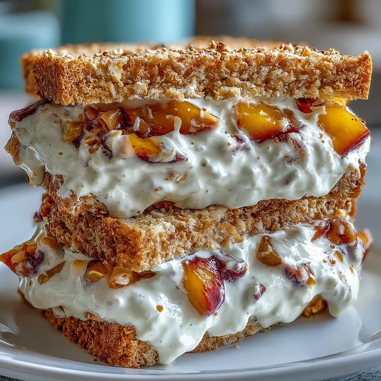 Delicious frozen peach yogurt sandwiches with vibrant fruit chunks, perfect for summer.