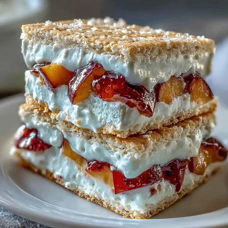 Creamy frozen peach yogurt sandwiches drizzled lightly, a sweet, no-bake treat.