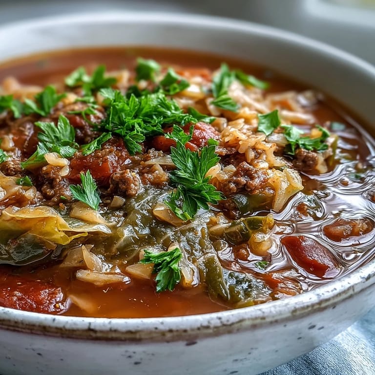 Comforting bowl of cabbage roll soup garnished with parsley, served alongside crispy garlic bread slices.