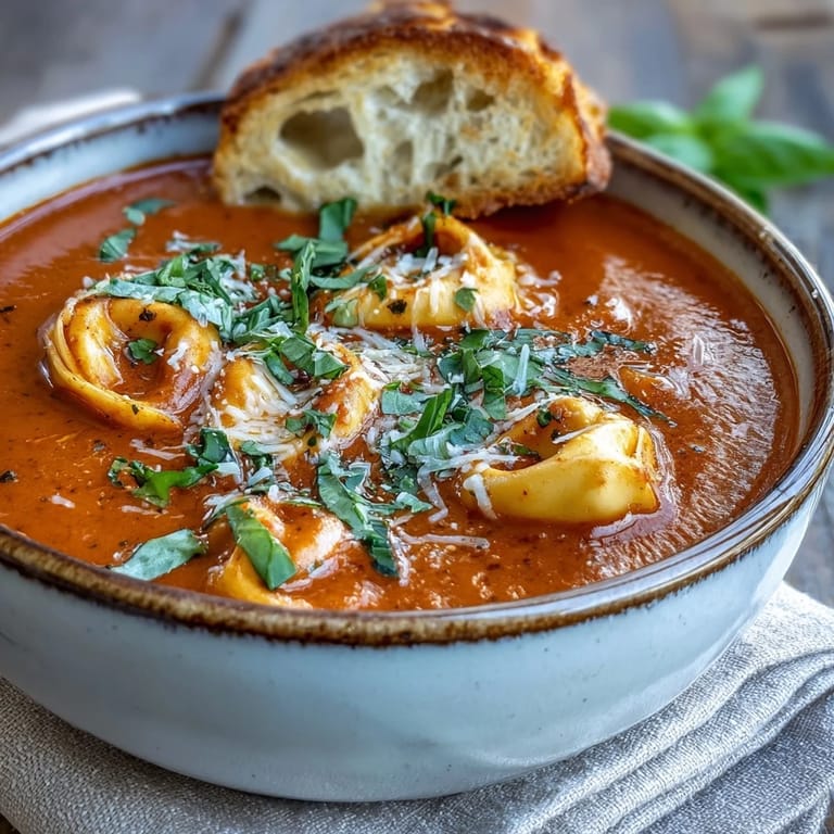 Vibrant, comforting bowl of creamy roasted tomato tortellini soup perfect for dinner.