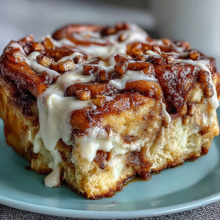 Fluffy, syrupy Apple Butter Cinnamon Roll Bake topped with creamy reserved icing.