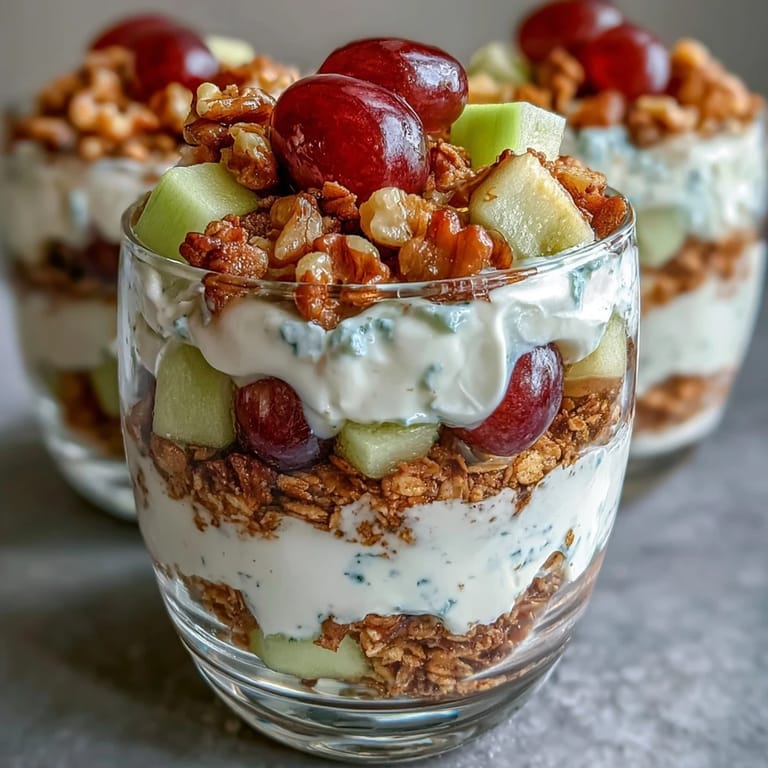 Refreshing Grape Apple Crunch Parfait Cups showcasing layers of fruit and nutty crunch.