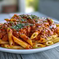 Creamy vegan pasta with roasted red peppers and hidden lentils, served in a white bowl with fresh basil garnish.