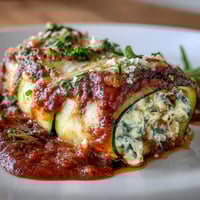 Keto Zucchini Lasagna Roll-Ups with Ricotta and Marinara: tender zucchini slices rolled with creamy ricotta, herbs, and Parmesan, baked in savory marinara sauce.