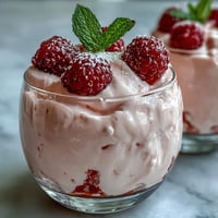 Creamy cottage cheese raspberry mousse topped with fresh berries and mint leaves, a light and protein-rich dessert.  