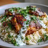 Aromatic one pot shawarma chicken and rice with tender chicken thighs, fragrant spices, and fluffy basmati rice, finished with a creamy yogurt drizzle.  