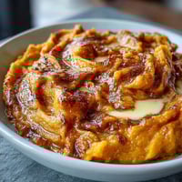 Creamy mashed candied yams with butter and cinnamon, garnished with chopped pecans for a warm, holiday-ready side dish.