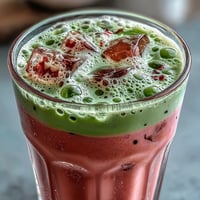 A refreshing iced latte with vibrant strawberry puree, earthy matcha, and creamy oat milk served in tall glasses.