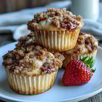 Fluffy strawberry sourdough muffins with a golden crumb topping, bursting with fresh berries in every bite.