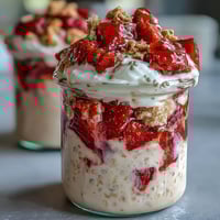 Creamy strawberry shortcake overnight oats with vanilla, fresh berries, and a hint of graham cracker crunch.