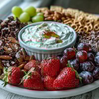 A colorful Galentines snack board with fresh strawberries, grapes, and apple slices, served with creamy yogurt dip for dipping.  