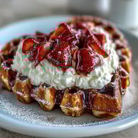 Fluffy heart-shaped waffles with creamy cottage cheese whip and fresh strawberry slices—perfect for a romantic breakfast or brunch.