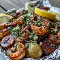 Onion boil shrimp and sausage foil packets with tender potatoes, sweet corn, and zesty Cajun spices, ready for a flavorful Southern meal.  