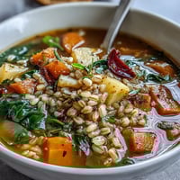 Warm Winter-to-Spring Vegetable Soup with Barley in a rustic bowl, garnished with fresh parsley and steam rising invitingly.