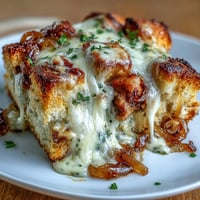 A golden French onion chicken thigh bake with sourdough topping, caramelized onions, and melted Gruyère cheese in a rich, savory sauce.  
