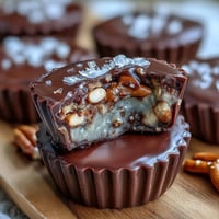 A close-up of crunchy pretzel homemade peanut butter cups with creamy filling and smooth chocolate topping.  