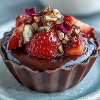 Luxurious Dubai chocolate strawberry cups with pistachio crunch, showcasing glossy dark chocolate shells filled with juicy strawberries and topped with golden caramelized nuts.