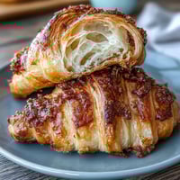 Golden sourdough croissants with flaky layers and a crisp crust, perfect for a gourmet breakfast or brunch.