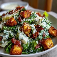 Celery Caesar Salad with Crunchy Croutons and Parmesan, a crisp, creamy delight topped with golden homemade croutons.