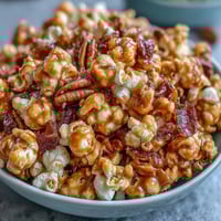 Sweet caramel popcorn mix with dried apples and candy pieces in a large bowl.  