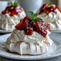 Light, crisp meringue shells filled with whipped cream and fresh strawberries, ideal for elegant spring desserts.