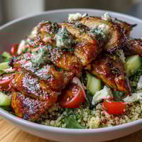 Grilled chicken and veggie bowl drizzled with zesty lemon vinaigrette for a fresh, healthy meal.  