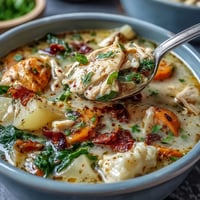 A creamy, comforting slow cooker chicken pot pie soup with tender chicken and vegetables.