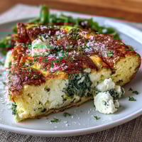 Spring brunch frittata with asparagus and goat cheese, baked until golden and fluffy, topped with fresh herbs.