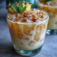 Pineapple Coconut Agua Fresca in a clear pitcher with ice cubes and fresh mint garnish, vibrant tropical colors inviting you to sip.