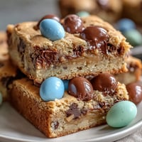 1. Soft and chewy peanut butter Easter egg cookie bars with colorful candies and chocolate chips.