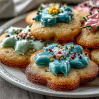 Delicate flower-shaped shortbread cookies with colorful royal icing, perfect for spring celebrations.